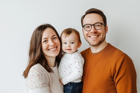 A joyful family with a smiling mother, father, and young child.